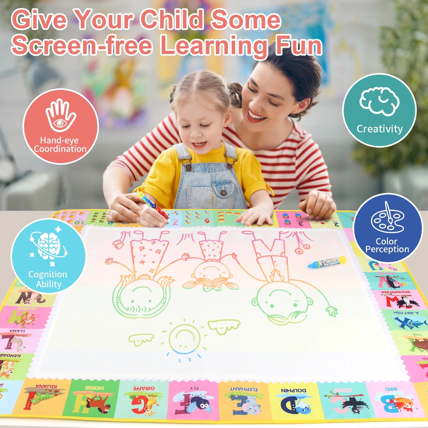 Reusable Water Doodle 100x80CM Mat with Magic Pens – Large Mess-Free Drawing Board for Kids | Montessori-Inspired Educational Toy & Gift | 39x31 Inches