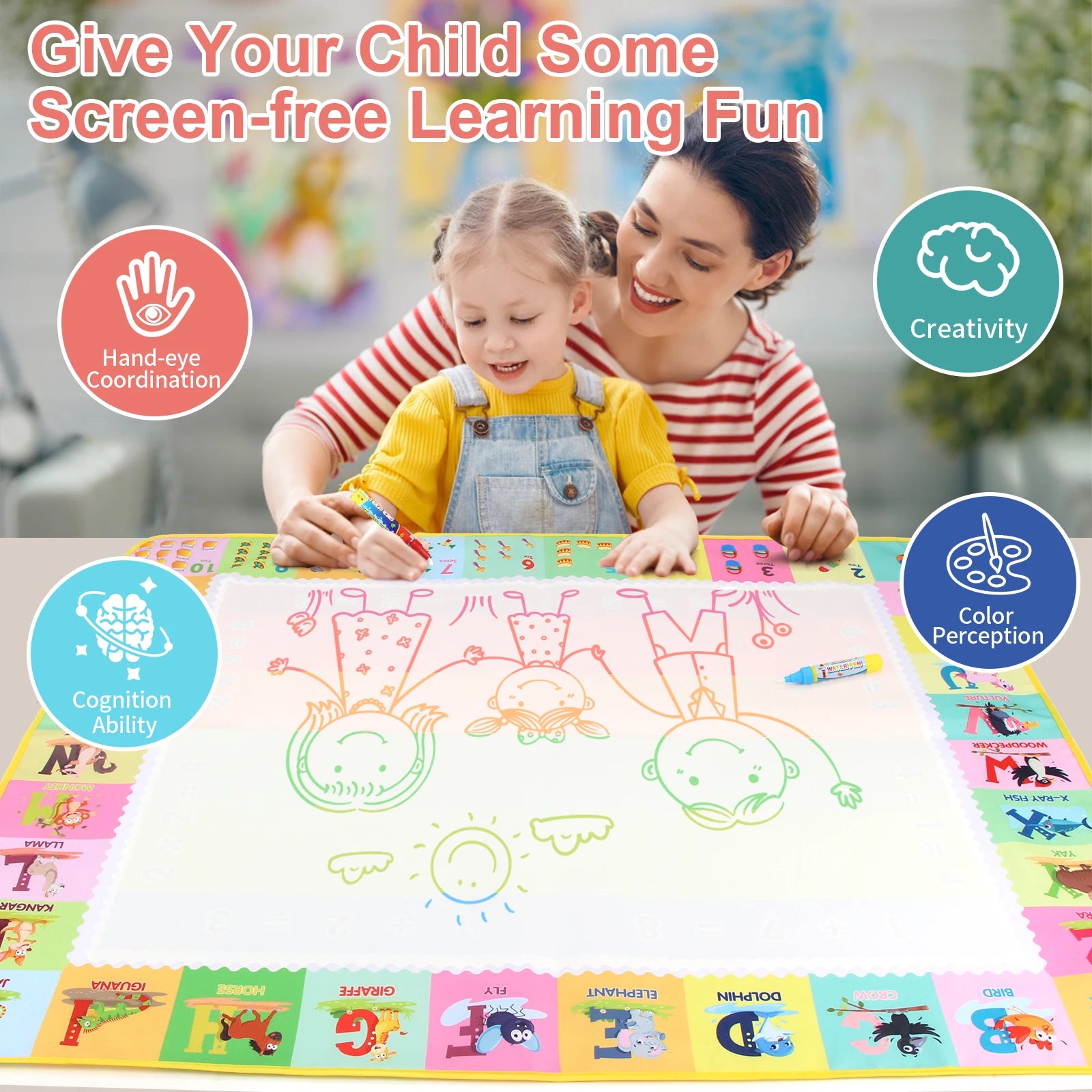 Reusable Water Doodle 100x80CM Mat with Magic Pens – Large Mess-Free Drawing Board for Kids | Montessori-Inspired Educational Toy & Gift | 39x31 Inches