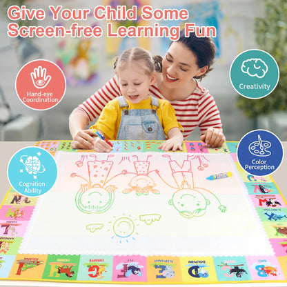 Reusable Water Doodle 100x80CM Mat with Magic Pens – Large Mess-Free Drawing Board for Kids | Montessori-Inspired Educational Toy & Gift | 39x31 Inches