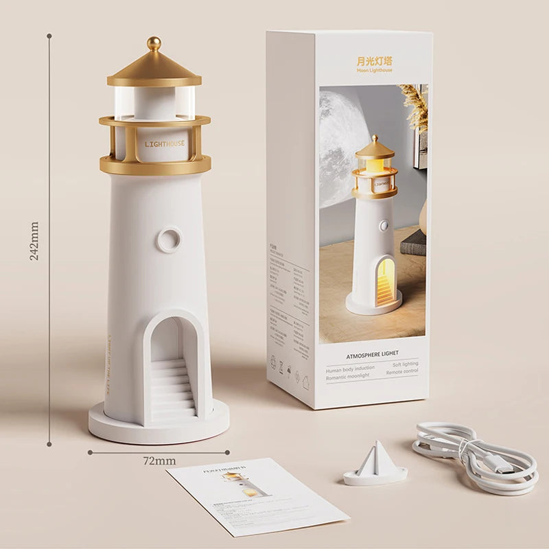 Moon Lamp Projection Lighthouse with Remote Control, Bluetooth Music, Motion Sensor, and Ambient Lighting - Ideal for Christmas and Birthday Gifts