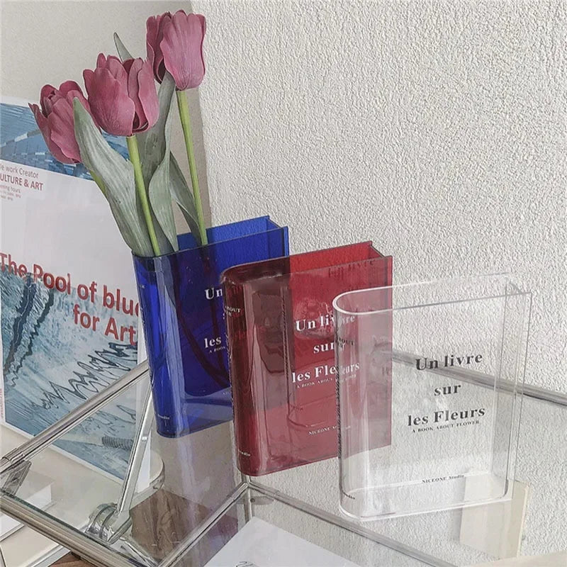 Modern Acrylic Transparent Flower Vase - Creative Book Design for Elegant Room Decor