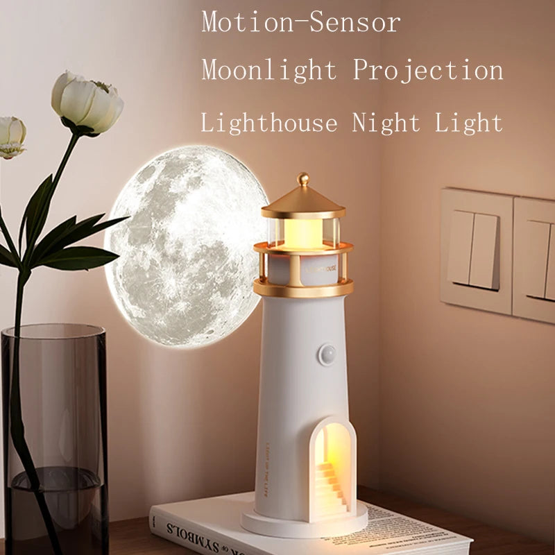 Moon Lamp Projection Lighthouse with Remote Control, Bluetooth Music, Motion Sensor, and Ambient Lighting - Ideal for Christmas and Birthday Gifts