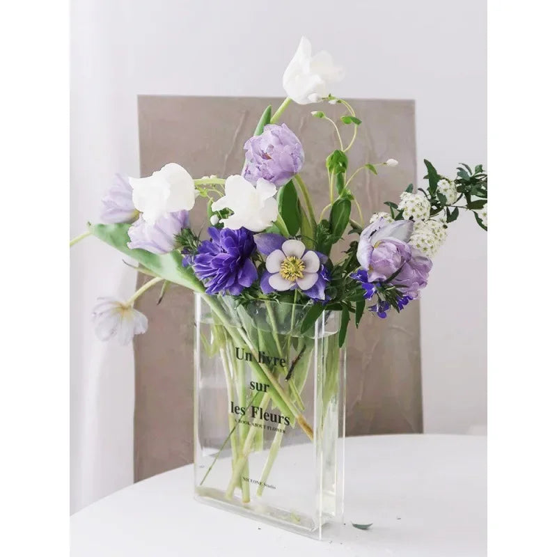 Modern Acrylic Transparent Flower Vase - Creative Book Design for Elegant Room Decor